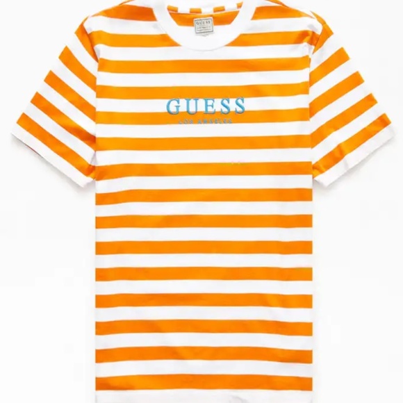 orange and white guess shirt